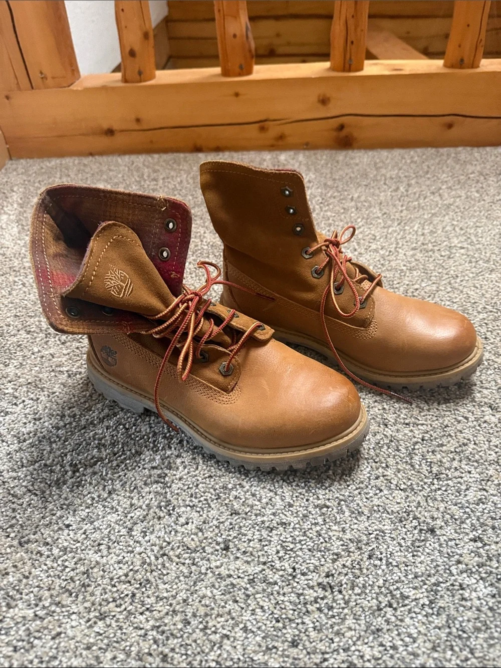 Timberland Tan Leather Lace-Up Boots with Plaid Collar
